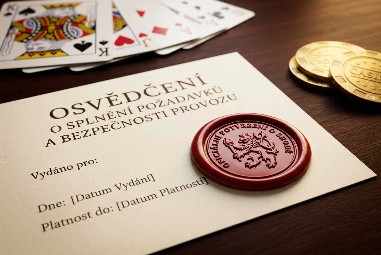 Detailní pohled na úřední pečeť a certifikát na dřevěném stole s rozostřenými hracími kartami v pozadí